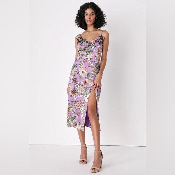 Lulus NWT Forever Admiring Purple Floral Print Ruffled Midi Dress‎ Size XL - Picture 1 of 6